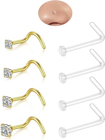 Hypoallergenic 8Pcs 20G Nose Ring Studs for Women, Gold/Silver 316L Surgical Stainless Steel Corkscrew Nose Studs L Shape Clear Nose Piercing Retainers Small Nose Ring CZ 1.5/2.0/2.5/3.0mm in Saudi Arabia