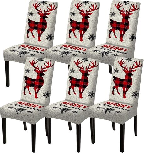Nuxovilar Plaid Reindeer Christmas Chair Covers Stretch 23.6x70 Inches - Dining Chair Slipcovers Set of 6, Festive Xmas Decor for Home Kitchen Holiday Gatherings in Saudi Arabia