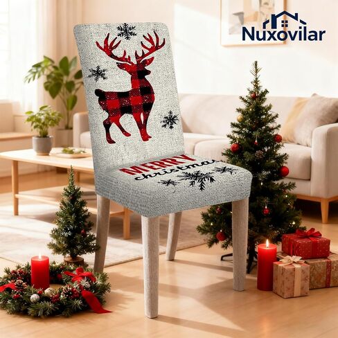 Nuxovilar Plaid Reindeer Christmas Chair Covers Stretch 23.6x70 Inches - Dining Chair Slipcovers Set of 6, Festive Xmas Decor for Home Kitchen Holiday Gatherings in Saudi Arabia
