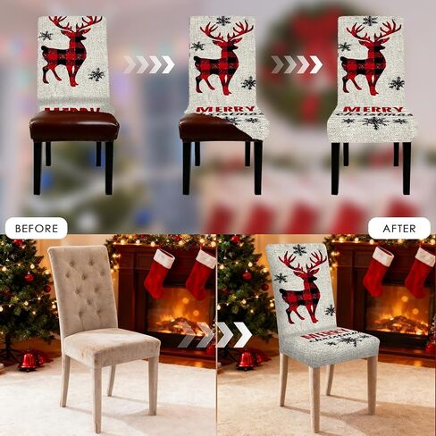 Nuxovilar Plaid Reindeer Christmas Chair Covers Stretch 23.6x70 Inches - Dining Chair Slipcovers Set of 6, Festive Xmas Decor for Home Kitchen Holiday Gatherings in Saudi Arabia