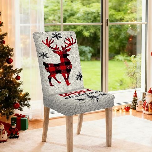 Nuxovilar Plaid Reindeer Christmas Chair Covers Stretch 23.6x70 Inches - Dining Chair Slipcovers Set of 6, Festive Xmas Decor for Home Kitchen Holiday Gatherings in Saudi Arabia
