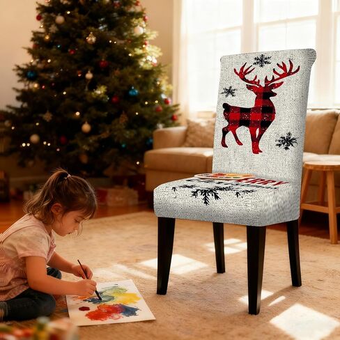Nuxovilar Plaid Reindeer Christmas Chair Covers Stretch 23.6x70 Inches - Dining Chair Slipcovers Set of 6, Festive Xmas Decor for Home Kitchen Holiday Gatherings in Saudi Arabia