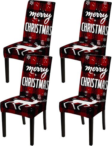 Nuxovilar Plaid Reindeer Christmas Chair Covers Stretch 23.6x70 Inches - Dining Chair Slipcovers Set of 6, Festive Xmas Decor for Home Kitchen Holiday Gatherings in Saudi Arabia