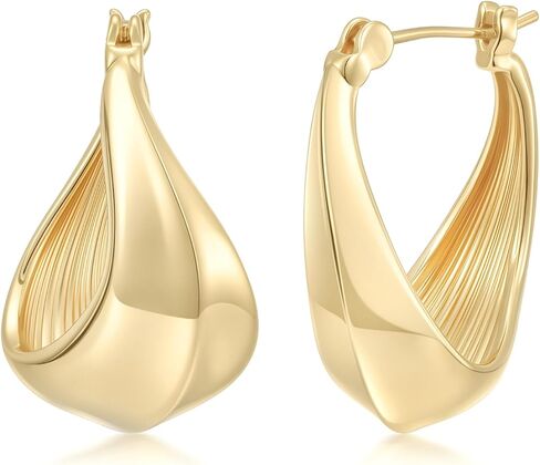 Gold Plated Hoop Earrings for Women 14K Gold Plated Earrings for Women 14 Karat Hoops Earring Hypoallergenic Twisted Irregular-Shaped Design Hoops Earring for Womens 25mm in Kuwait