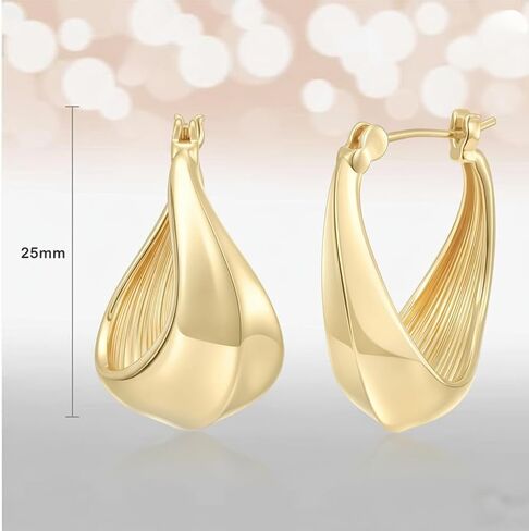Gold Plated Hoop Earrings for Women 14K Gold Plated Earrings for Women 14 Karat Hoops Earring Hypoallergenic Twisted Irregular-Shaped Design Hoops Earring for Womens 25mm in Kuwait