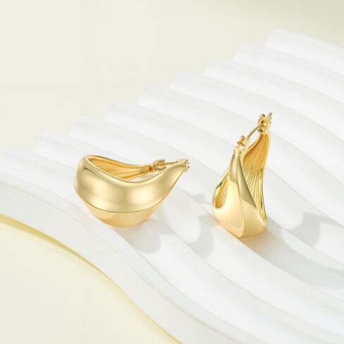 Gold Plated Hoop Earrings for Women 14K Gold Plated Earrings for Women 14 Karat Hoops Earring Hypoallergenic Twisted Irregular-Shaped Design Hoops Earring for Womens 25mm in Kuwait