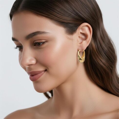 Gold Plated Hoop Earrings for Women 14K Gold Plated Earrings for Women 14 Karat Hoops Earring Hypoallergenic Twisted Irregular-Shaped Design Hoops Earring for Womens 25mm in Kuwait