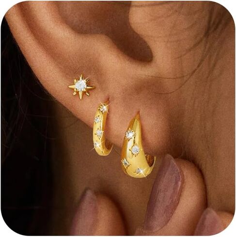 VIROMY Gold Stud Hoop Earrings Stacks for Women - 3 Earring Sets for 3 Holes Multiple Piercing Dainty Gold Plated Small Earrings Set Jewelry Gifts for Women in Saudi Arabia