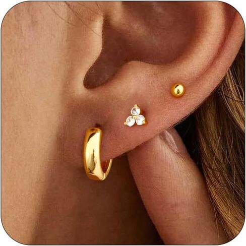 VIROMY Gold Stud Hoop Earrings Stacks for Women - 3 Earring Sets for 3 Holes Multiple Piercing Dainty Gold Plated Small Earrings Set Jewelry Gifts for Women in Saudi Arabia