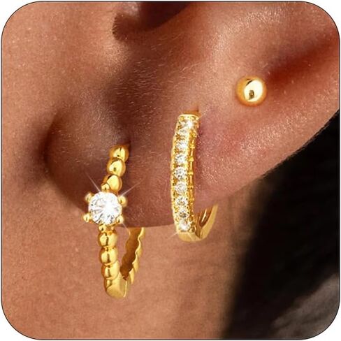 VIROMY Gold Stud Hoop Earrings Stacks for Women - 3 Earring Sets for 3 Holes Multiple Piercing Dainty Gold Plated Small Earrings Set Jewelry Gifts for Women in Saudi Arabia