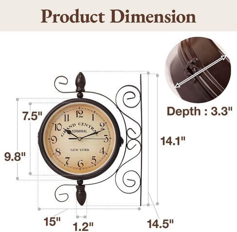 Japard Vintage Wall Clock, Antique Unique Industrial Double Sided Decorative Retro Old Style, Wall Mounted Battery Operated Dark Brown in Saudi Arabia