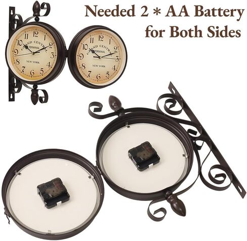Japard Vintage Wall Clock, Antique Unique Industrial Double Sided Decorative Retro Old Style, Wall Mounted Battery Operated Dark Brown in Saudi Arabia