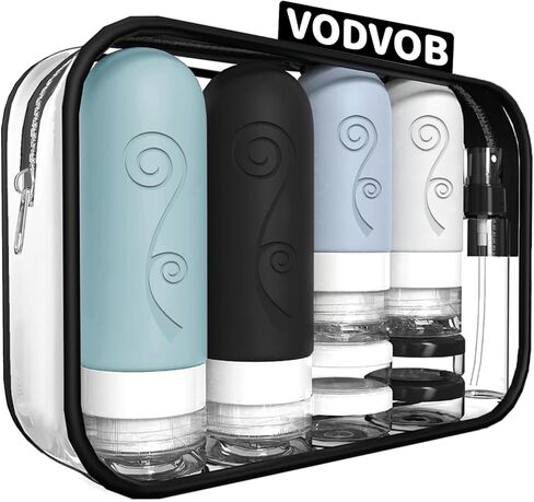 مجموعة زجاجات سفر vodvob مكونة من 16 قطعة لمستلزمات النظافة، حاويات سفر معتمدة من إدارة أمن المواصلات الأمريكية مانعة للتسرب من السيليكون وقابلة للعصر، 2 أونصة 3 أونصة لغسول الجسم والشامبو والبلسم (خالية من مادة BPA) (أسود) in Kuwait