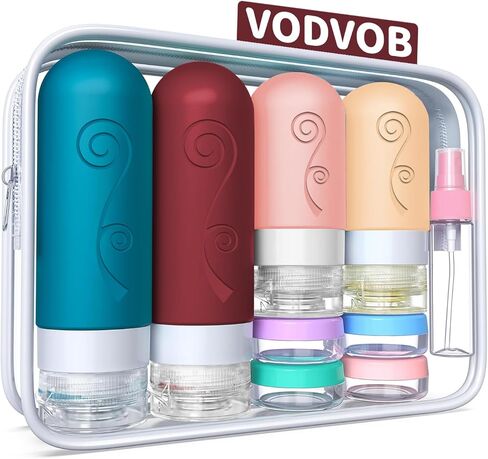مجموعة زجاجات سفر vodvob مكونة من 16 قطعة لمستلزمات النظافة، حاويات سفر معتمدة من إدارة أمن المواصلات الأمريكية مانعة للتسرب من السيليكون وقابلة للعصر، 2 أونصة 3 أونصة لغسول الجسم والشامبو والبلسم (خالية من مادة BPA) (أسود) in Kuwait