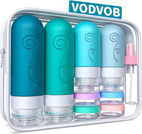 مجموعة زجاجات سفر vodvob مكونة من 16 قطعة لمستلزمات النظافة، حاويات سفر معتمدة من إدارة أمن المواصلات الأمريكية مانعة للتسرب من السيليكون وقابلة للعصر، 2 أونصة 3 أونصة لغسول الجسم والشامبو والبلسم (خالية من مادة BPA) (أسود) in Kuwait