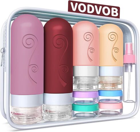 مجموعة زجاجات سفر vodvob مكونة من 16 قطعة لمستلزمات النظافة، حاويات سفر معتمدة من إدارة أمن المواصلات الأمريكية مانعة للتسرب من السيليكون وقابلة للعصر، 2 أونصة 3 أونصة لغسول الجسم والشامبو والبلسم (خالية من مادة BPA) (أسود) in Kuwait