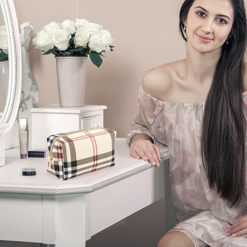 MAANGE Small Makeup Bag for Purse, 2 PCS Cosmetic Bag for Women Travel Makeup Pouch Leather Make up Bag Portable Zipper Pouch Brushes Bag - khaki plaid in Kuwait