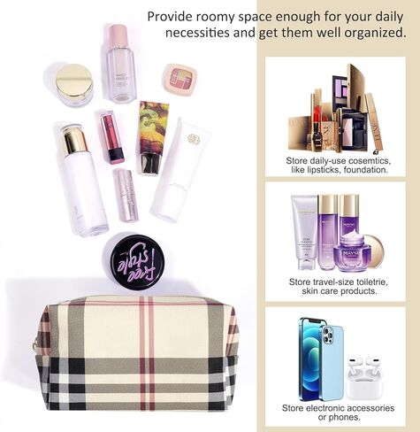 MAANGE Small Makeup Bag for Purse, 2 PCS Cosmetic Bag for Women Travel Makeup Pouch Leather Make up Bag Portable Zipper Pouch Brushes Bag - khaki plaid in Kuwait