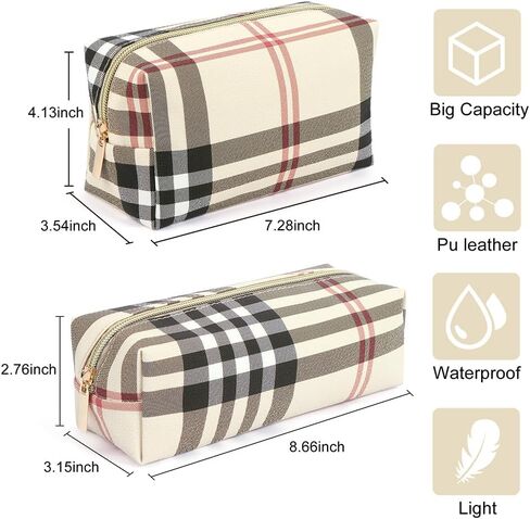 MAANGE Small Makeup Bag for Purse, 2 PCS Cosmetic Bag for Women Travel Makeup Pouch Leather Make up Bag Portable Zipper Pouch Brushes Bag - khaki plaid in Kuwait