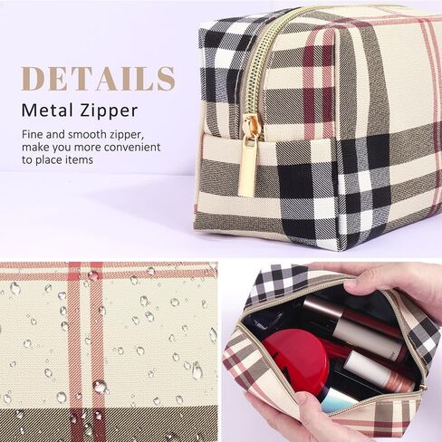 MAANGE Small Makeup Bag for Purse, 2 PCS Cosmetic Bag for Women Travel Makeup Pouch Leather Make up Bag Portable Zipper Pouch Brushes Bag - khaki plaid in Kuwait