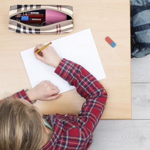 MAANGE Small Makeup Bag for Purse, 2 PCS Cosmetic Bag for Women Travel Makeup Pouch Leather Make up Bag Portable Zipper Pouch Brushes Bag - khaki plaid in Kuwait