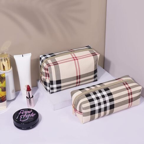 MAANGE Small Makeup Bag for Purse, 2 PCS Cosmetic Bag for Women Travel Makeup Pouch Leather Make up Bag Portable Zipper Pouch Brushes Bag - khaki plaid in Kuwait