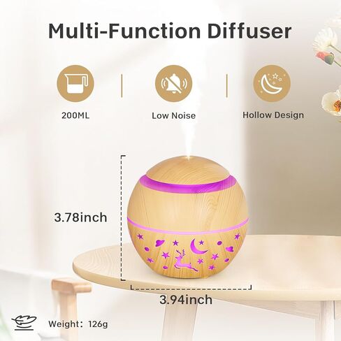 200ml Essential Oil Diffuser, Small Humidifiers for Bedroom with USB Charging, LED Lights, 2 Filter Sticks, Portable Wood Grain Quiet Aromatherapy Mist Diffusers, Gift for Girls in Saudi Arabia