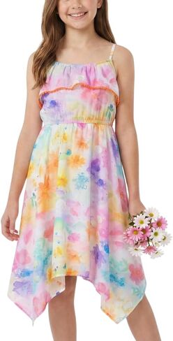 Girls Summer Floral Sundress – Sleeveless Dress with Ruffle Trim Neckline, Adjustable Straps and Handkerchief Hem in Saudi Arabia