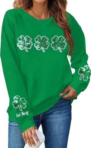 NANYUAYA St Patrick'S Day Sweatshirt For Women Sequin Shamrock Tops Long Sleeve Irish Crewneck Sweatshirt in Kuwait