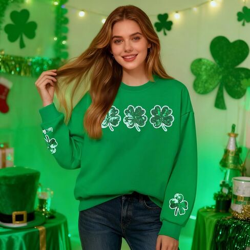NANYUAYA St Patrick'S Day Sweatshirt For Women Sequin Shamrock Tops Long Sleeve Irish Crewneck Sweatshirt in Kuwait