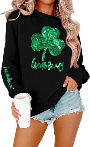 NANYUAYA St Patrick'S Day Sweatshirt For Women Sequin Shamrock Tops Long Sleeve Irish Crewneck Sweatshirt in Kuwait