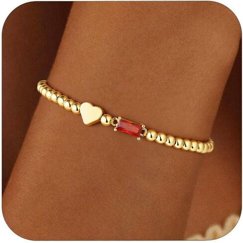 Dainty Birthstone Bracelets for Women Stretch Elastic 14K-Gold-Plated Bead Bracelet Trendy Heart Friendship Bracelets Stack Birthday Jewelry Gifts Christmas Stocking Stuffer for Women in Saudi Arabia