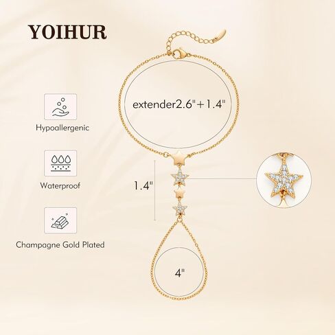 yoihur سلاسل اليد مطلية بالذهب الشمبانيا للنساء، سوار سلسلة اليد قابل للتعديل وخاتم، أساور سلسلة اليد الذهبية كومة نجوم المجوهرات ومجوهرات اليد زركونيا مكعب لعيد الحب in Kuwait