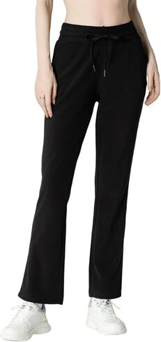 Women's Micro Flared Fleeced Sweatpants - Elastic Waist Drawstring, Warm Fleece for Winter Daily Wear in Saudi Arabia