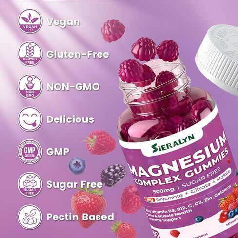 Magnesium Complex Gummies 500mg - Magnesium Glycinate, Citrate, Malate with Vitamin D3, C, B6, B12, Zinc & Calcium, Magnesium Supplement Chewable Support Calm, Muscle, Mood - Vegan 60 Counts in Saudi Arabia