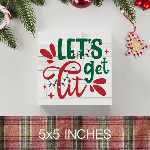 Funny Lets Get Lit Winter Merry Christmas Tree Wood Box Sign, Farmhouse Christmas Santa Artwork Decor, Wood Square Sign Desk Block Signs Home Shelf Office Decoration 5 x 5 Inches in Saudi Arabia