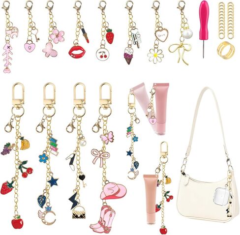 12Pcs Lip Gloss Keychain Charms - Lip Balm Keychain Kit Exquisite Cute Charms Bag Purse Decor Gifts for Women Girls in Kuwait