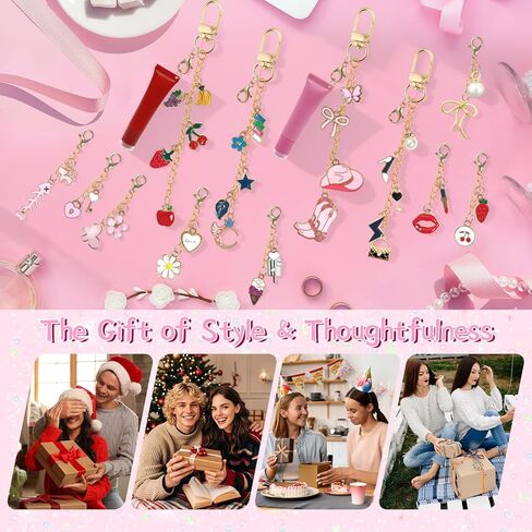 12Pcs Lip Gloss Keychain Charms - Lip Balm Keychain Kit Exquisite Cute Charms Bag Purse Decor Gifts for Women Girls in Kuwait