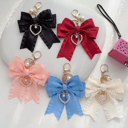 سحر حقيبة Bowknot الشريط، لطيف لؤلؤة القلب كيرينغ حامل محفظة شنقا الزينة حقيبة يد قلادة in Kuwait