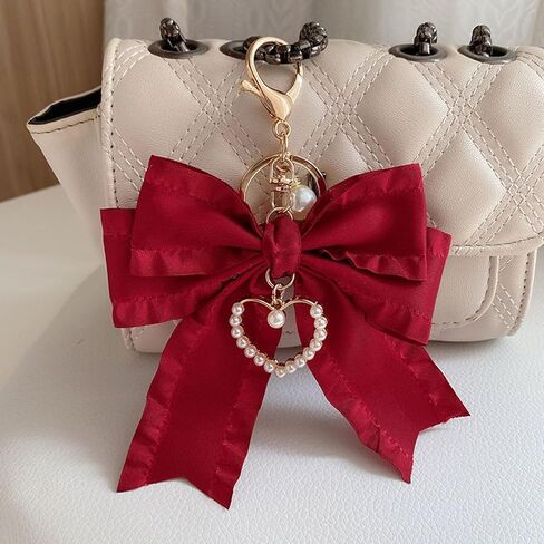 سحر حقيبة Bowknot الشريط، لطيف لؤلؤة القلب كيرينغ حامل محفظة شنقا الزينة حقيبة يد قلادة in Kuwait