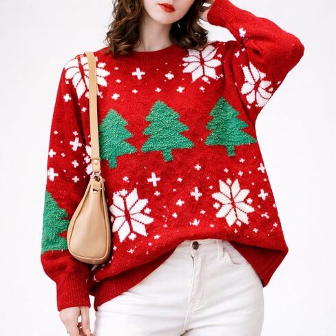 Women's Christmas Sweater Loose Fit Snowflake Pullover Top Cozy Winter Knit Crewneck Holiday Party Clothing in Saudi Arabia