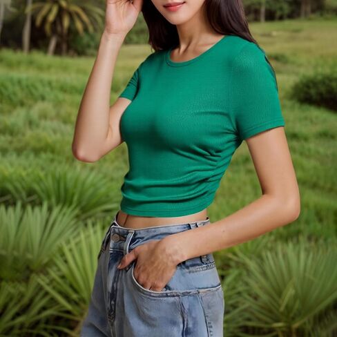 Women's Slim Fit High Stretch Short Sleeve Top Casual Fitted Tee for Spring and Summer Fashion Outfits 2025 in Saudi Arabia