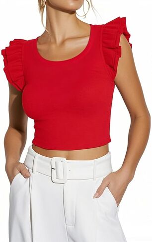 Ezbelle المرأة الصيف بلايز قمصان مكشكشة مضلع متماسكة قطع علوية بدون أكمام مثير بلوزة بلا أكمام 2026 in Kuwait