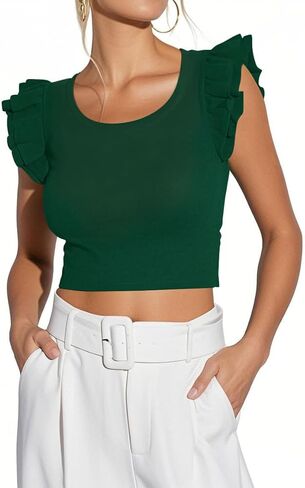 Ezbelle Women's Summer Tops Ruffle Shirts Ribbed Knit Crop Tank Top Sexy Sleeveless Blouse 2026 in Saudi Arabia