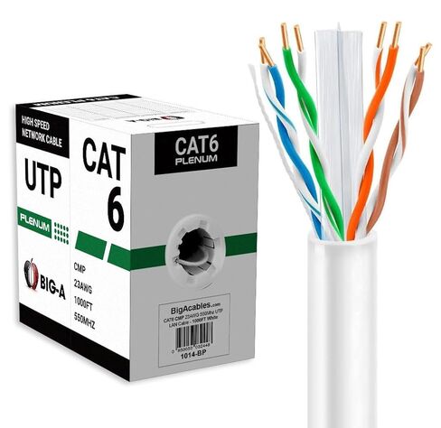 Big-A Cat 6 Plenum Ethernet Cable 1000ft White, Cat6 CMP Cable 550MHz, Bulk Ethernet Cable UTP, 23AWG Solid Network Cable, 10 Gigabit, Pull Box in Saudi Arabia