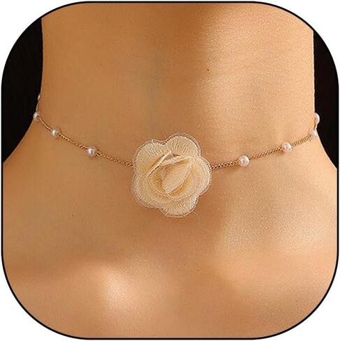 Vintage Flower Choker Necklaces for Women Dainty Rose Chain Necklace Sexy Pearl Floral Statement Necklace Bridal Dancing Party Jewelry Accessories in Saudi Arabia