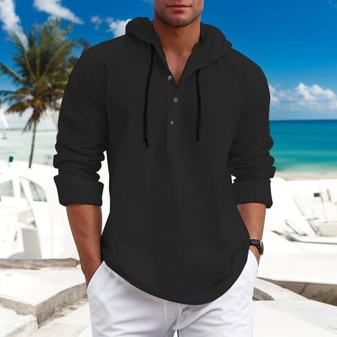 Mens Fashion Hoodies Long Sleeve Button Down Hooded Shirts Casual Hawaiian Beach Sweatshirt in Saudi Arabia