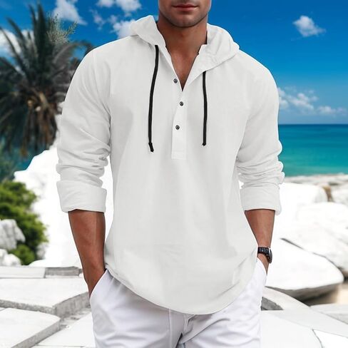 Mens Fashion Hoodies Long Sleeve Button Down Hooded Shirts Casual Hawaiian Beach Sweatshirt in Saudi Arabia