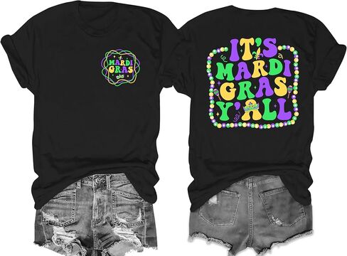Mardi Gras Shirts Women Makeup Carnival T-Shirt Its Mardi Gras Yall Tee Shirt Mask Lily Graphic Casual Short Sleeve Tops in Saudi Arabia