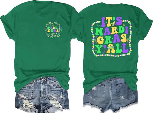 Mardi Gras Shirts Women Makeup Carnival T-Shirt Its Mardi Gras Yall Tee Shirt Mask Lily Graphic Casual Short Sleeve Tops in Saudi Arabia
